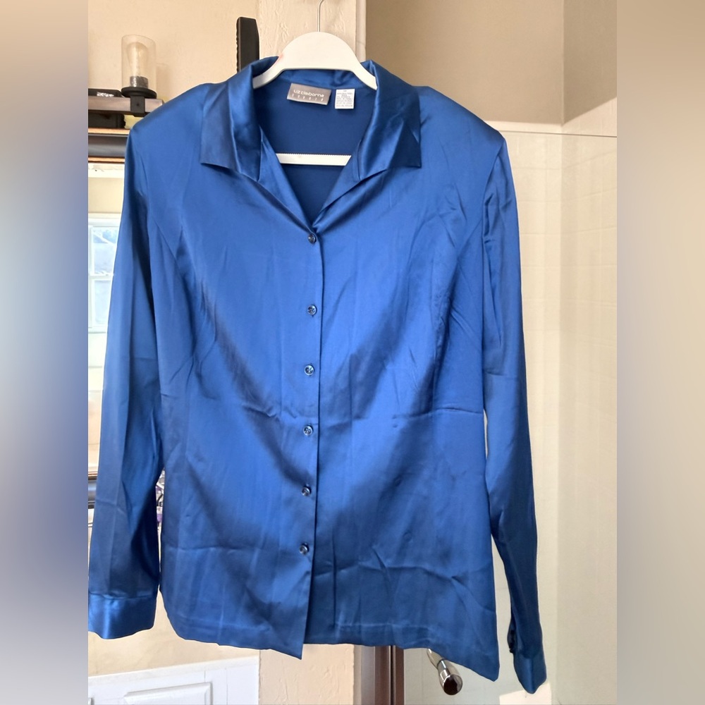 Vintage 80’s Brand New Silk Electric Blue Button-Up Long Sleeve Shirt